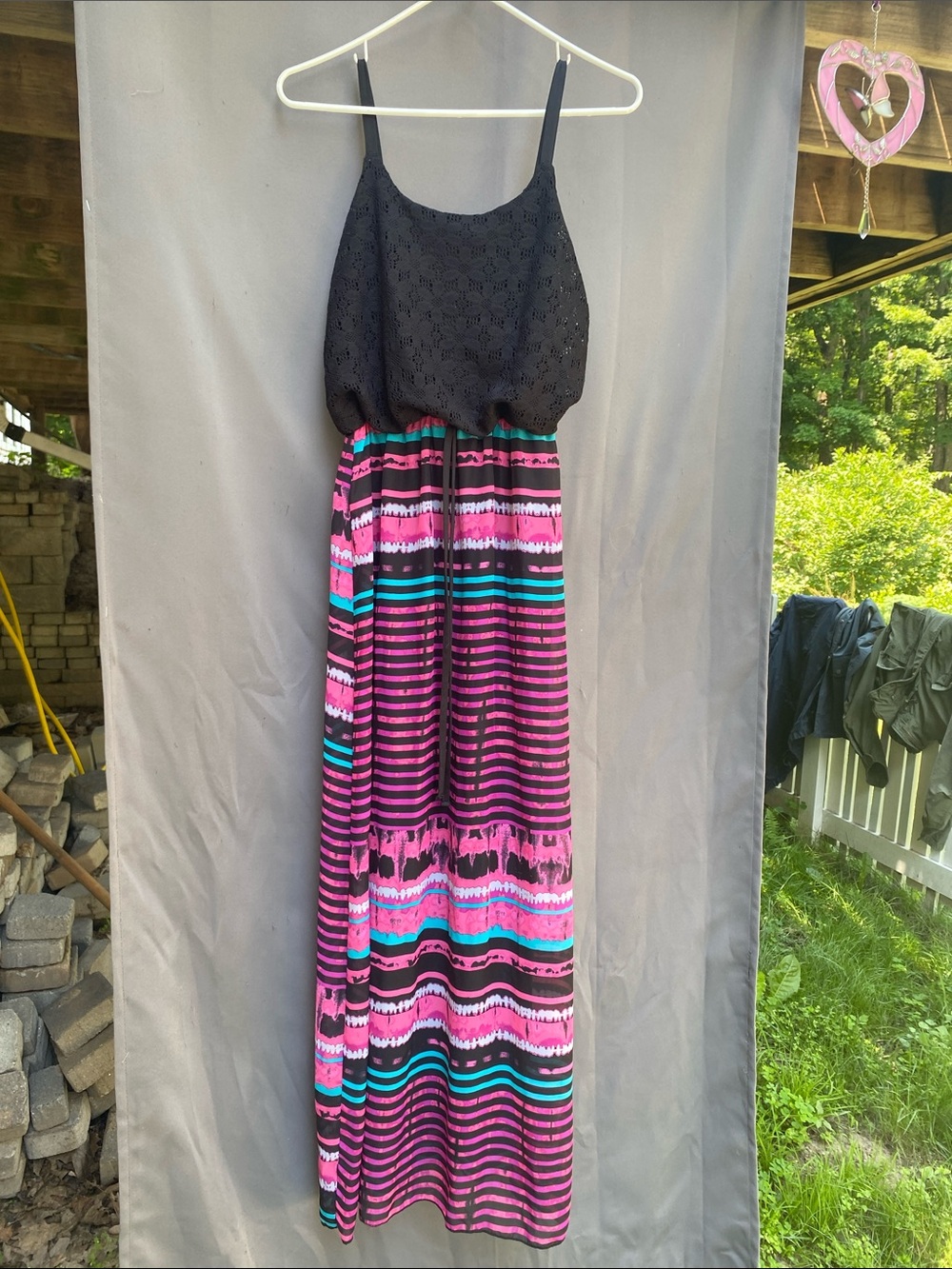 Mudd Black Eyelet Bodice Maxi Dress with Pink and Teal Stripes